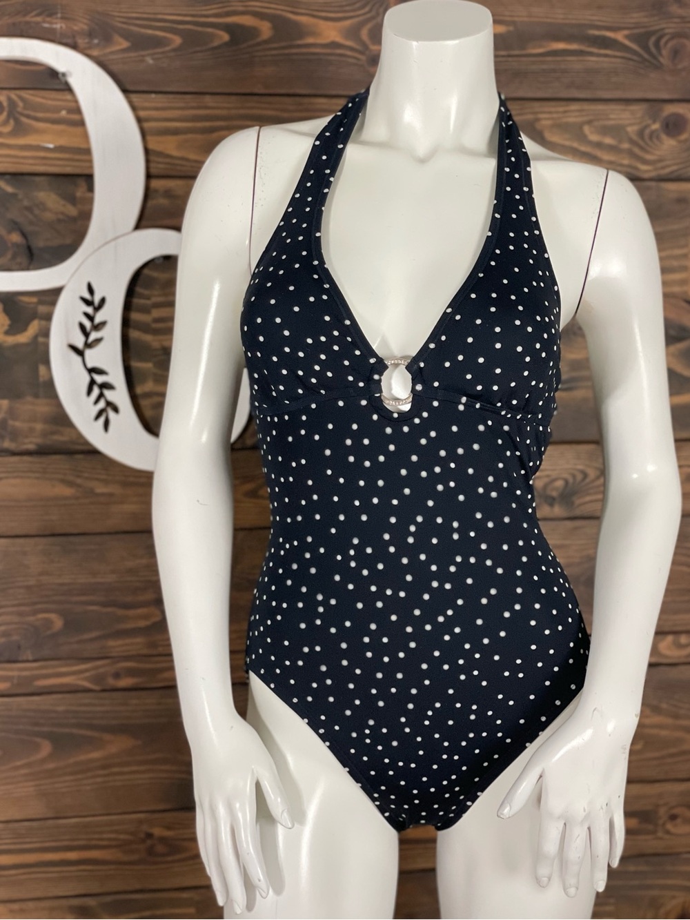 Speedo | Black & White Polka Dot V-NecknHalter One-Piece Swimsuit Ring Cutout